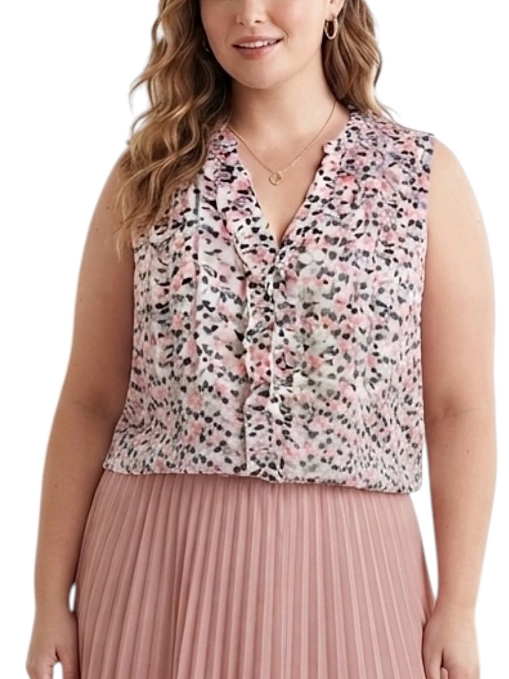 Torrid Dainty Heart Print Chiffon Ruffle Trim Button Front Sleeveless Blouse 1X